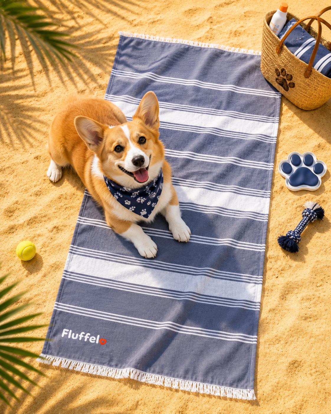 A smiling corgi sitting on a navy Fluffelo beach towel in the sand