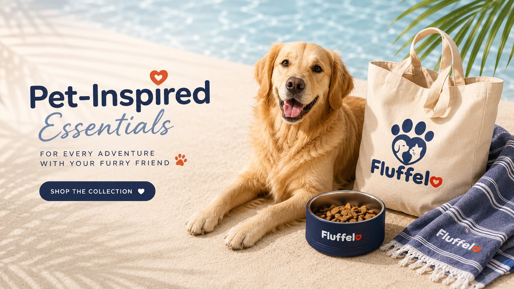 Pet-inspired essentials for every adventure with your furry friend — a Fluffelo towel, beach bag and dog bowl by the pool